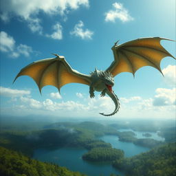 A majestic dragon soaring through the sky with its shimmering scales reflecting sunlight, flying over a lush, green forest and a tranquil, deep blue lake