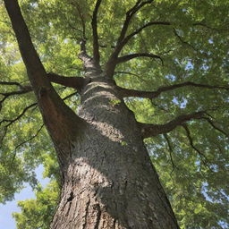 A majestic, sunlit tree with deeply grooved bark and leaves gently rustling in the breeze.