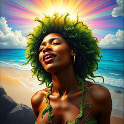 A polished oil-based painting featuring a full macro, extremely up-close aerial angled view of a gorgeous nude black woman, adorned with a bright green afro, her body clothed in vibrant green moss and twisting tree vines