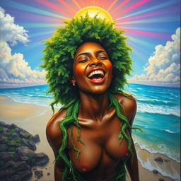 A polished oil-based painting featuring a full macro, extremely up-close aerial angled view of a gorgeous nude black woman, adorned with a bright green afro, her body clothed in vibrant green moss and twisting tree vines