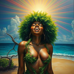 A polished oil-based painting featuring a full macro, extremely up-close aerial angled view of a gorgeous nude black woman, adorned with a bright green afro, her body clothed in vibrant green moss and twisting tree vines