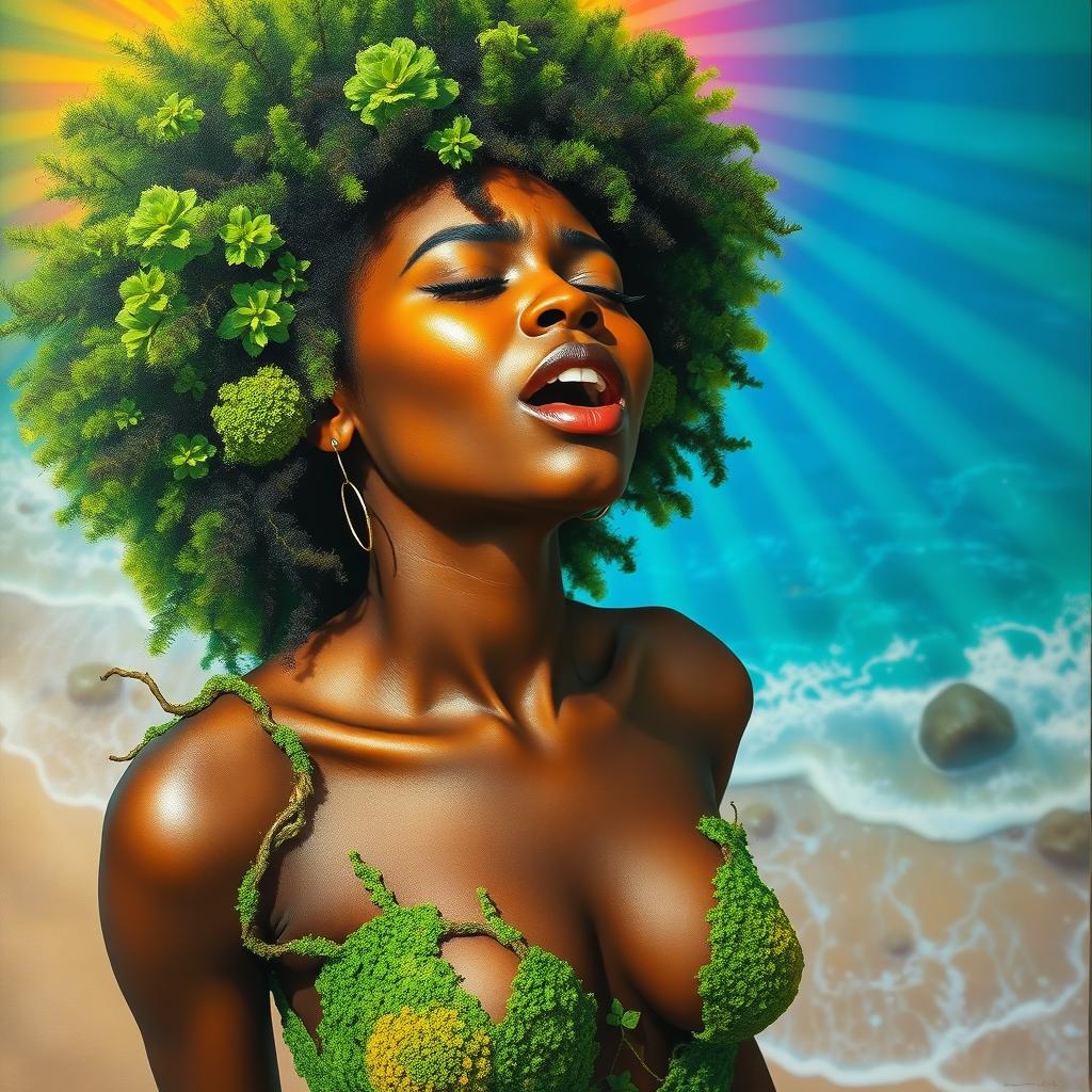 A polished oil-based painting featuring a full macro, extremely up-close aerial angled view of a gorgeous nude black woman, adorned with a bright green afro, her body clothed in vibrant green moss and twisting tree vines