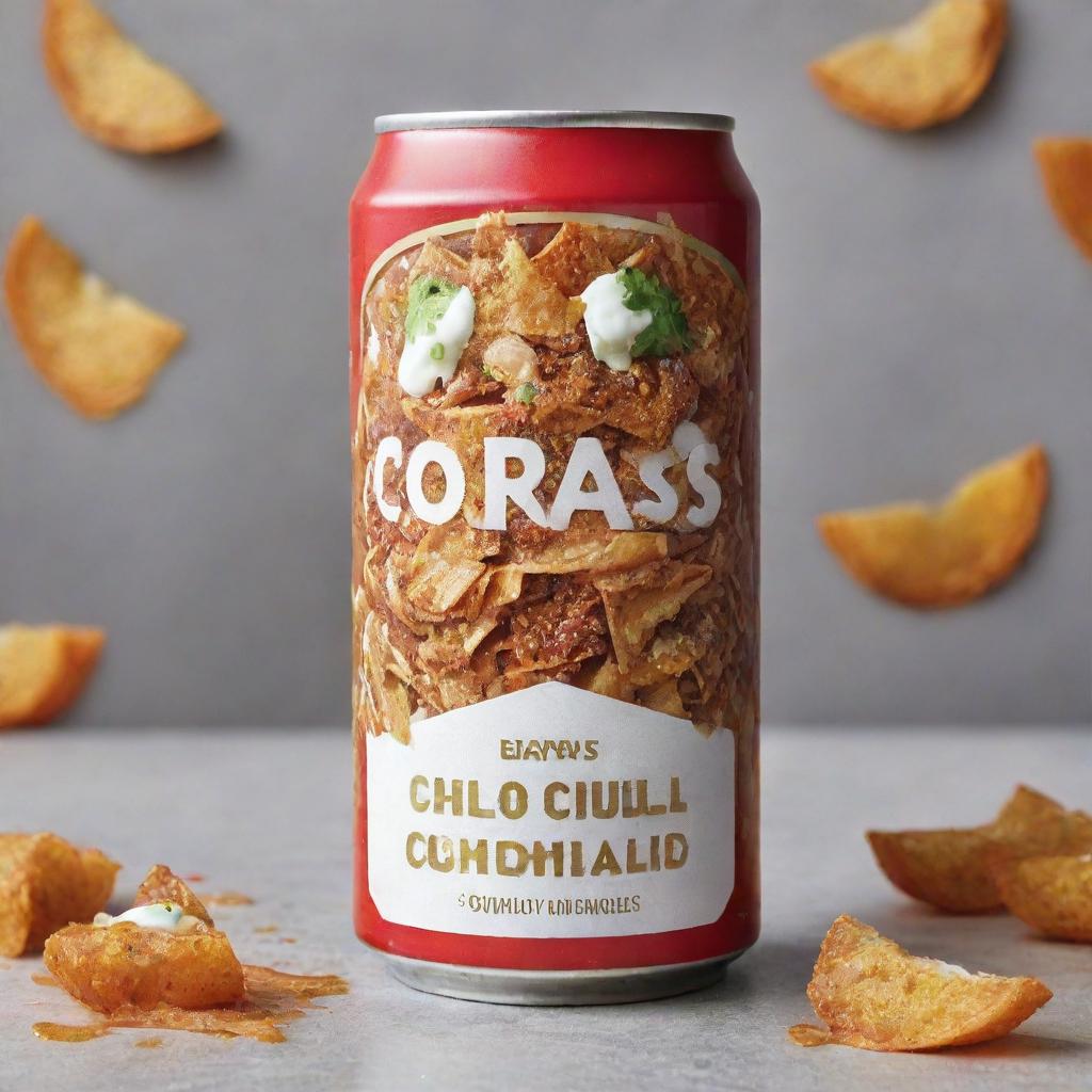 A visually striking image of a can branded as 'Brass', filled with tempting, delicious chilaquiles.