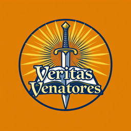 Logo design for "Veritas Venatores" featuring a stylized sword and an open book