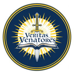 Logo design for "Veritas Venatores" featuring a stylized sword and an open book