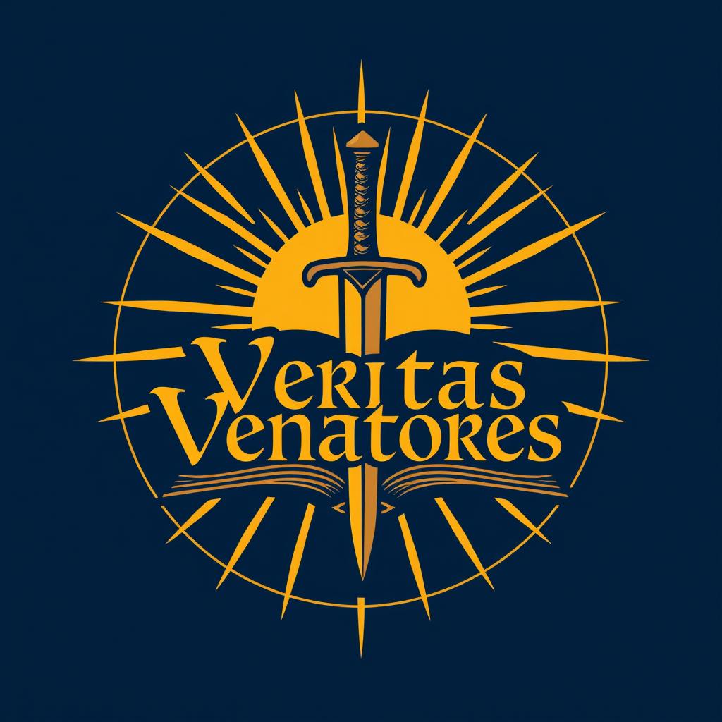 Logo design for "Veritas Venatores" featuring a stylized sword and an open book