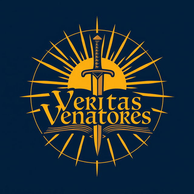 Logo design for "Veritas Venatores" featuring a stylized sword and an open book