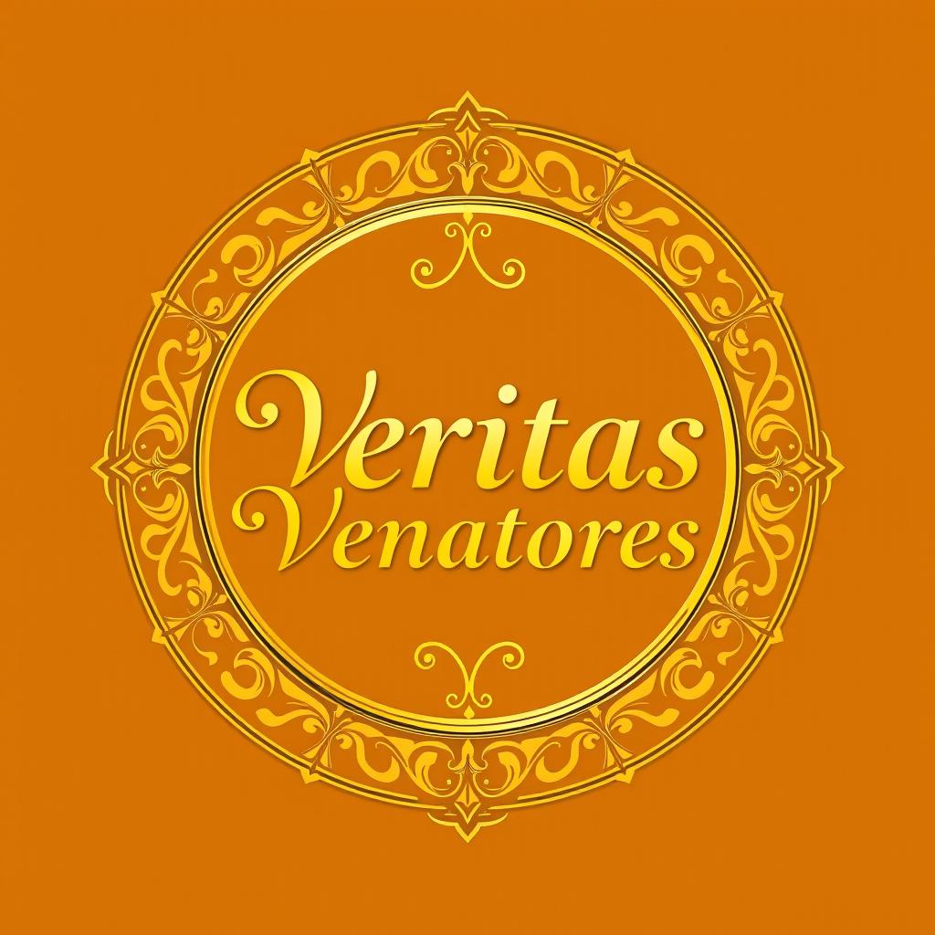 A golden logo featuring the words 'Veritas Venatores' elegantly designed and encircled within an ornate circular border