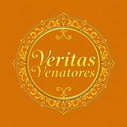 A golden logo featuring the words 'Veritas Venatores' elegantly designed and encircled within an ornate circular border