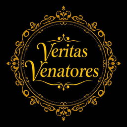 A golden logo featuring the words 'Veritas Venatores' elegantly designed and encircled within an ornate circular border