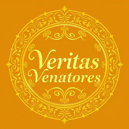 A golden logo featuring the words 'Veritas Venatores' elegantly designed and encircled within an ornate circular border