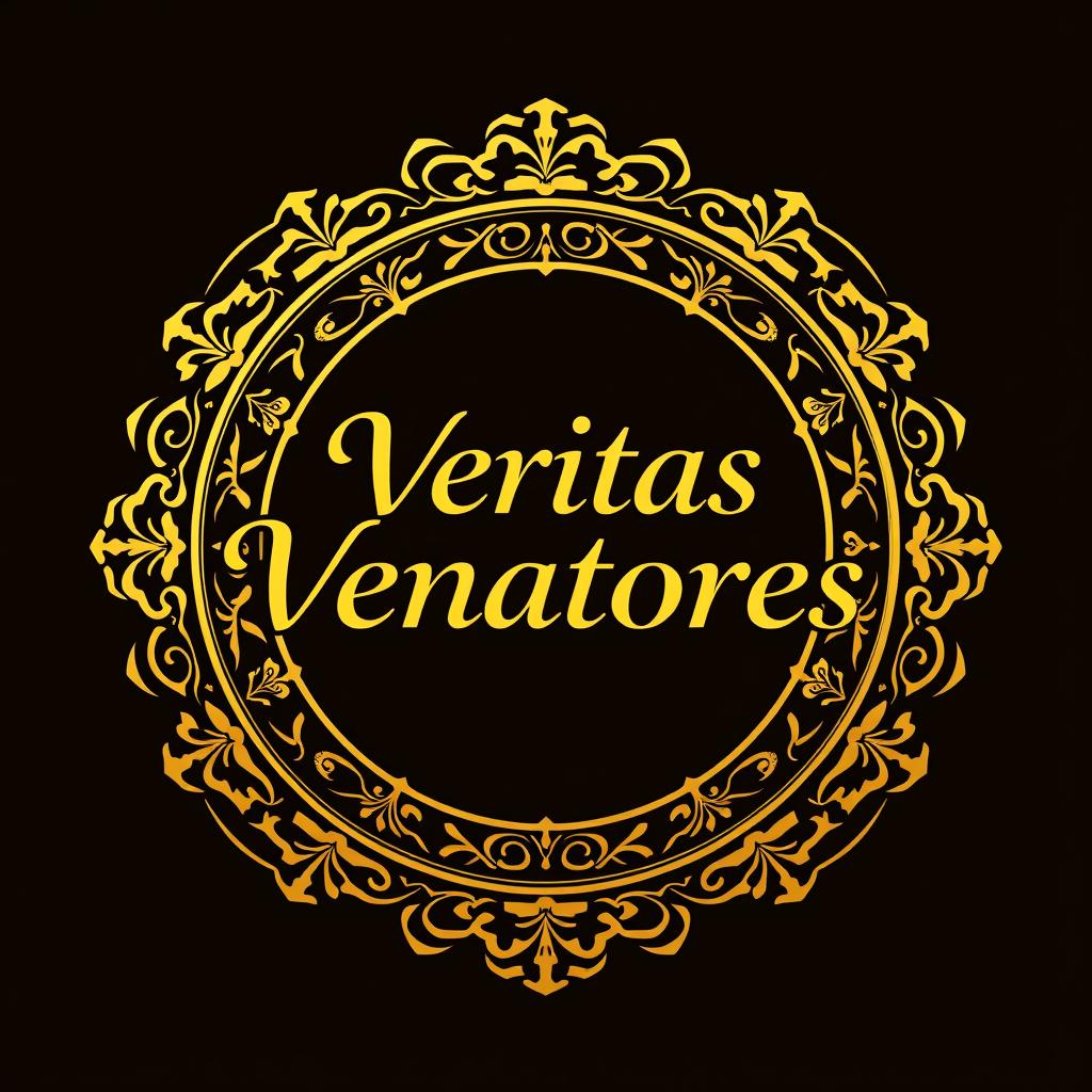 A golden logo featuring the words 'Veritas Venatores' elegantly designed and encircled within an ornate circular border