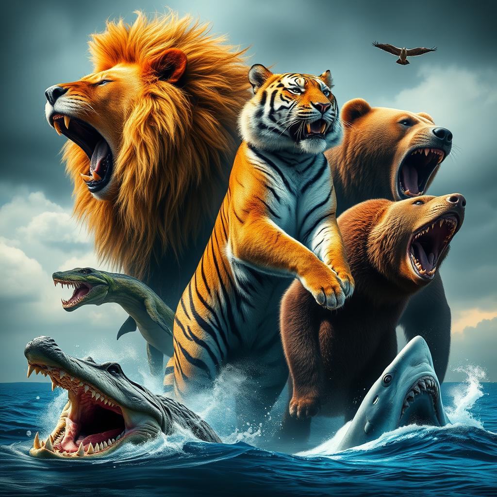 A stunning composition of the most powerful and dangerous animals in the wild, featuring a majestic lion roaring, a fierce tiger in mid-pounce, and a massive grizzly bear standing on its hind legs