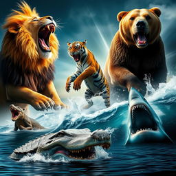 A stunning composition of the most powerful and dangerous animals in the wild, featuring a majestic lion roaring, a fierce tiger in mid-pounce, and a massive grizzly bear standing on its hind legs