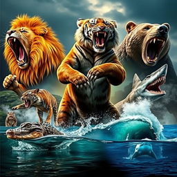 A stunning composition of the most powerful and dangerous animals in the wild, featuring a majestic lion roaring, a fierce tiger in mid-pounce, and a massive grizzly bear standing on its hind legs