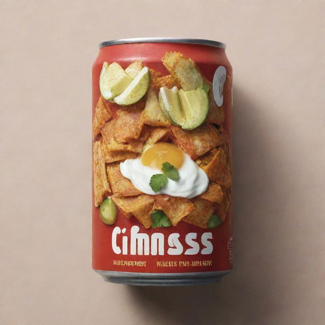 A visually striking image of a can branded as 'Brass', filled with tempting, delicious chilaquiles.