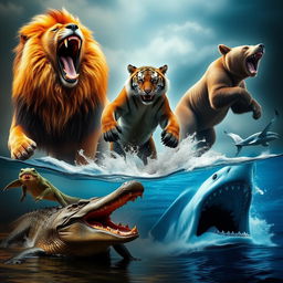 A stunning composition of the most powerful and dangerous animals in the wild, featuring a majestic lion roaring, a fierce tiger in mid-pounce, and a massive grizzly bear standing on its hind legs