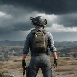 A detailed image of a PUBG player, equipped with a level 3 helmet and gear, standing confidently against a war-torn landscape with the stormy circle closing in the background.