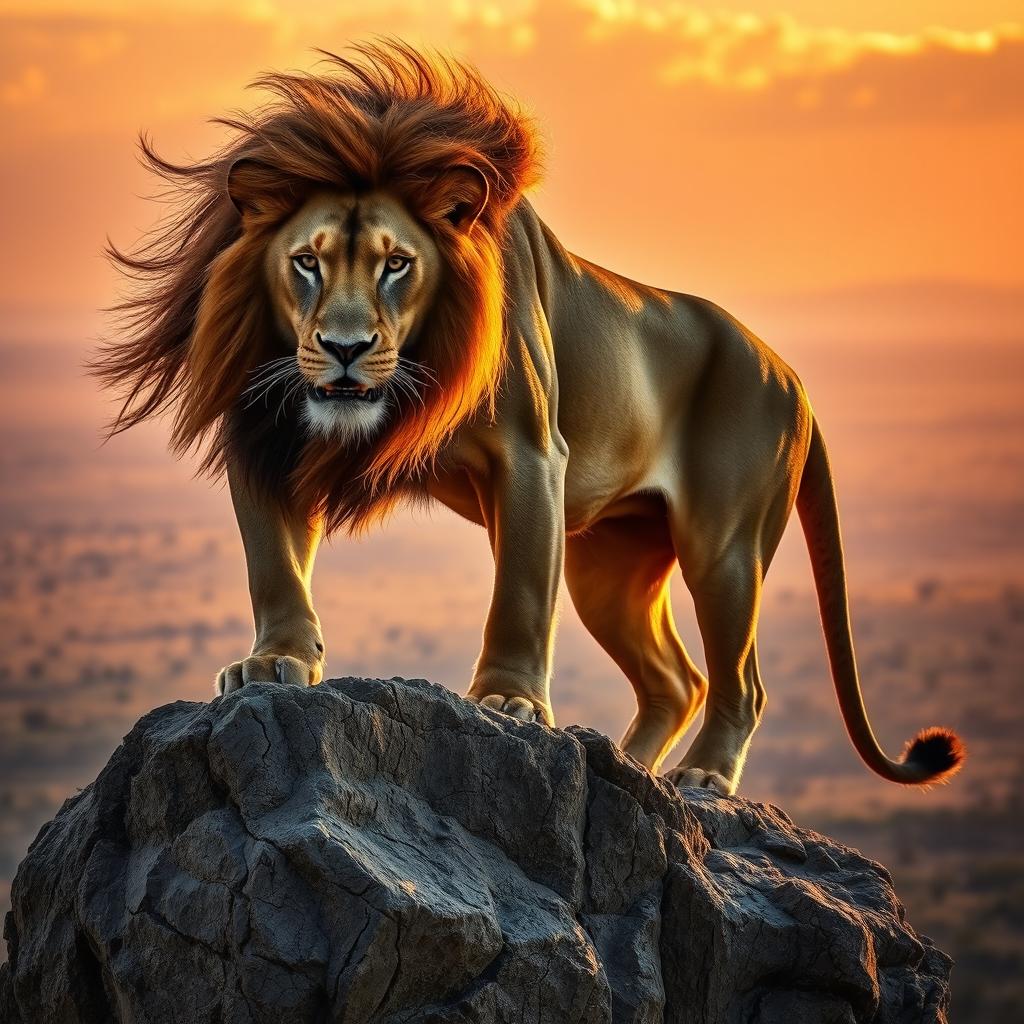 A powerful and dangerous alpha predator, depicted as a magnificent lion in the wild, standing majestically atop a rocky cliff