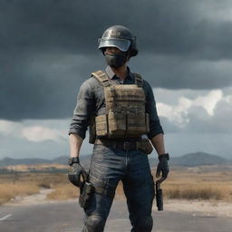 A detailed image of a PUBG player, equipped with a level 3 helmet and gear, standing confidently against a war-torn landscape with the stormy circle closing in the background.