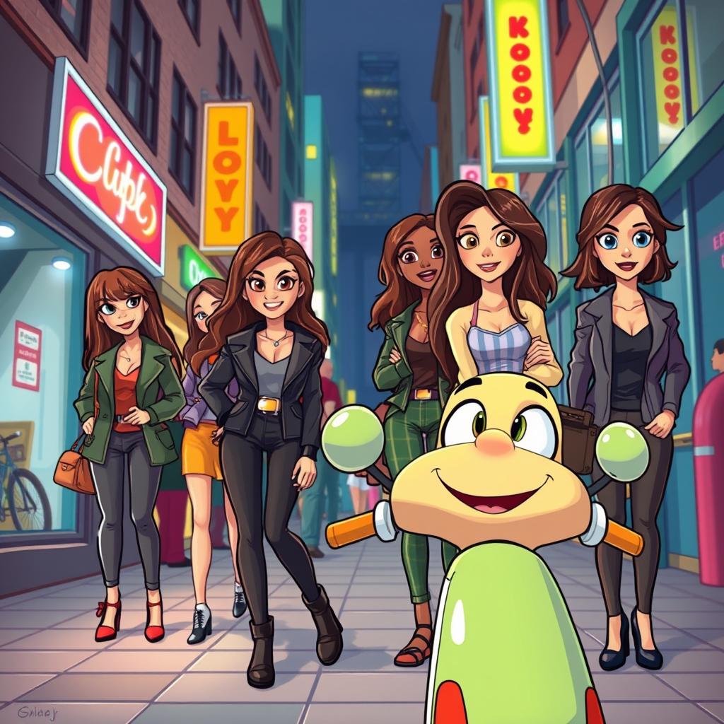 In a lively urban setting, an animated character named Scoot is depicted falling in love with a group of charming brunette women