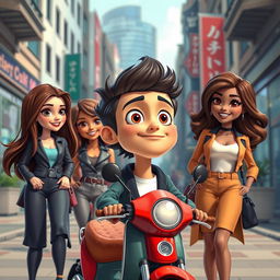 In a lively urban setting, an animated character named Scoot is depicted falling in love with a group of charming brunette women