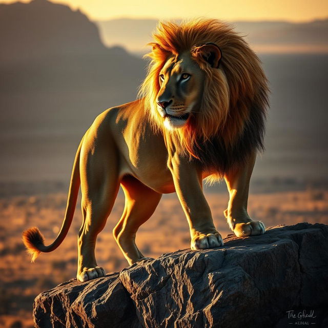 A powerful and dangerous alpha predator, depicted as a magnificent lion in the wild, standing majestically atop a rocky cliff