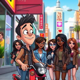 In a lively urban setting, an animated character named Scoot is depicted falling in love with a group of charming brunette women