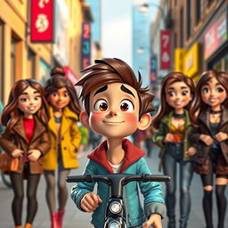 In a lively urban setting, an animated character named Scoot is depicted falling in love with a group of charming brunette women