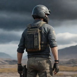 A detailed image of a PUBG player, equipped with a level 3 helmet and gear, standing confidently against a war-torn landscape with the stormy circle closing in the background.