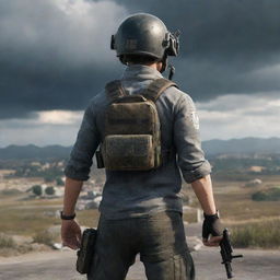 A detailed image of a PUBG player, equipped with a level 3 helmet and gear, standing confidently against a war-torn landscape with the stormy circle closing in the background.