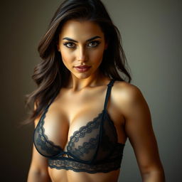 A beautiful 25-year-old woman with striking, large eyes and impressive physique, wearing alluring lingerie