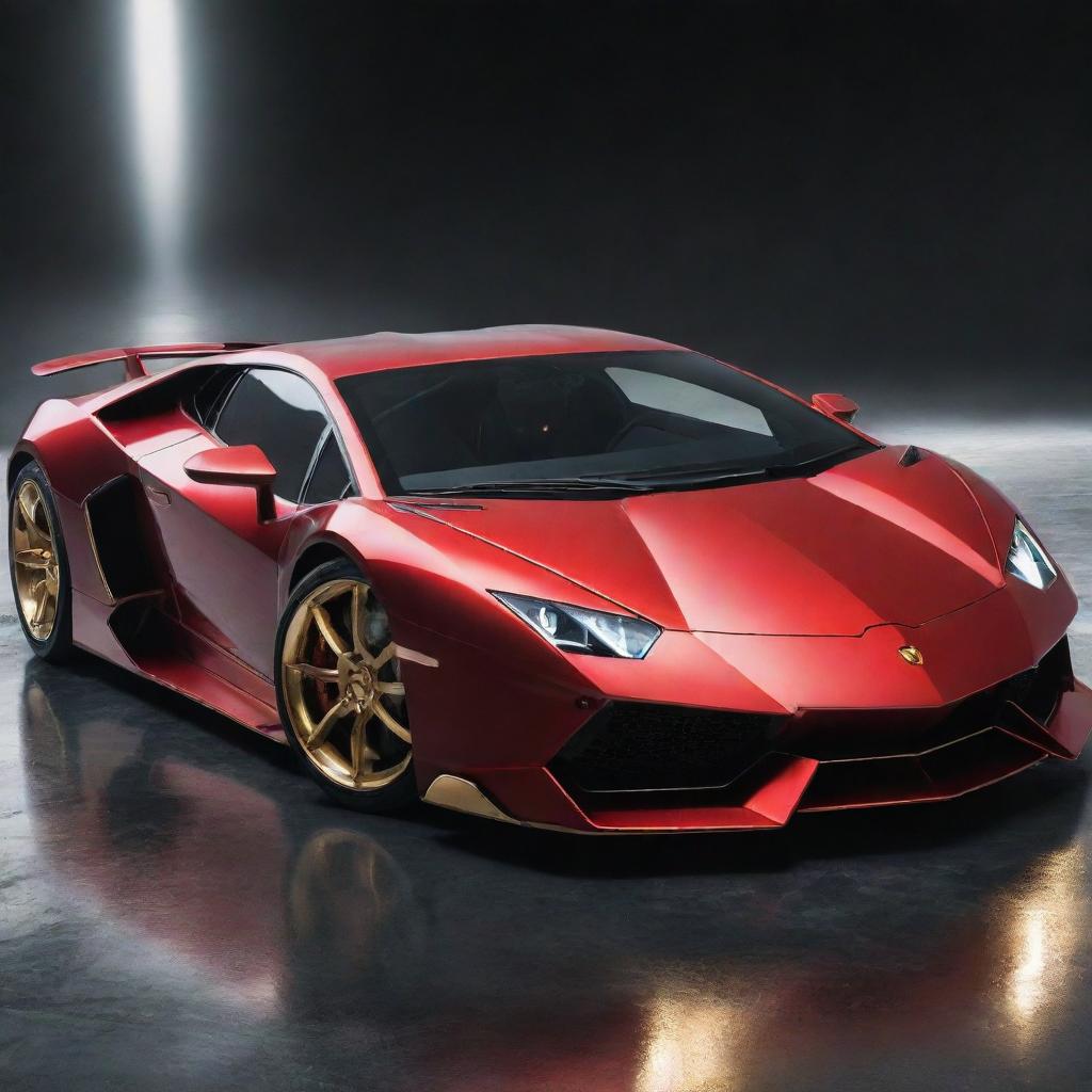 Imagine a Lamborghini car inspired by Iron Man, with red and gold colors, blaring arc reactor headlights, and futuristic styling