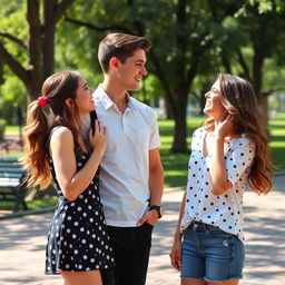 In a picturesque park setting, two sisters shown in a playful and lighthearted manner are depicted being enamored with the same charming young man