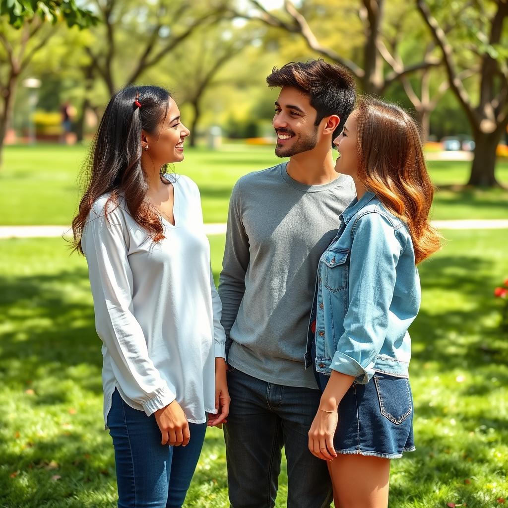 In a picturesque park setting, two sisters shown in a playful and lighthearted manner are depicted being enamored with the same charming young man