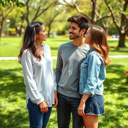 In a picturesque park setting, two sisters shown in a playful and lighthearted manner are depicted being enamored with the same charming young man