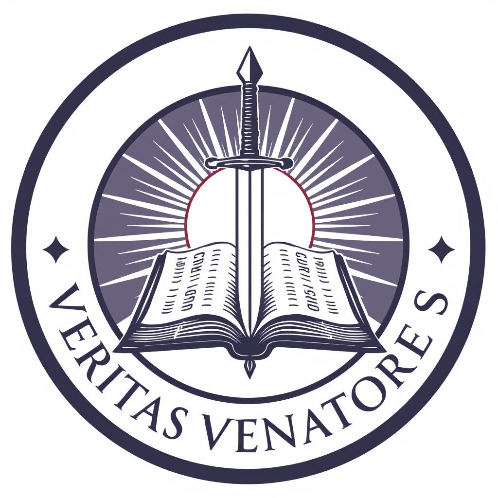 Logo of Veritas Venatores, featuring a book and a sword emerging from the book, encased in a circle with a bright sun in the background, symbolizing knowledge, truth, and valor