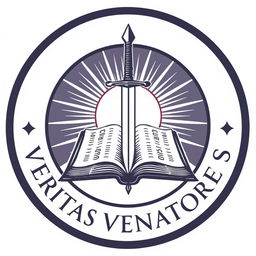 Logo of Veritas Venatores, featuring a book and a sword emerging from the book, encased in a circle with a bright sun in the background, symbolizing knowledge, truth, and valor