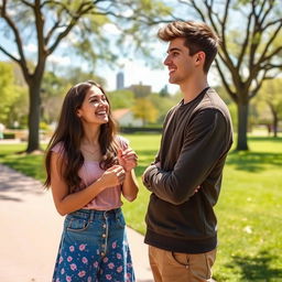 In a picturesque park setting, two sisters shown in a playful and lighthearted manner are depicted being enamored with the same charming young man