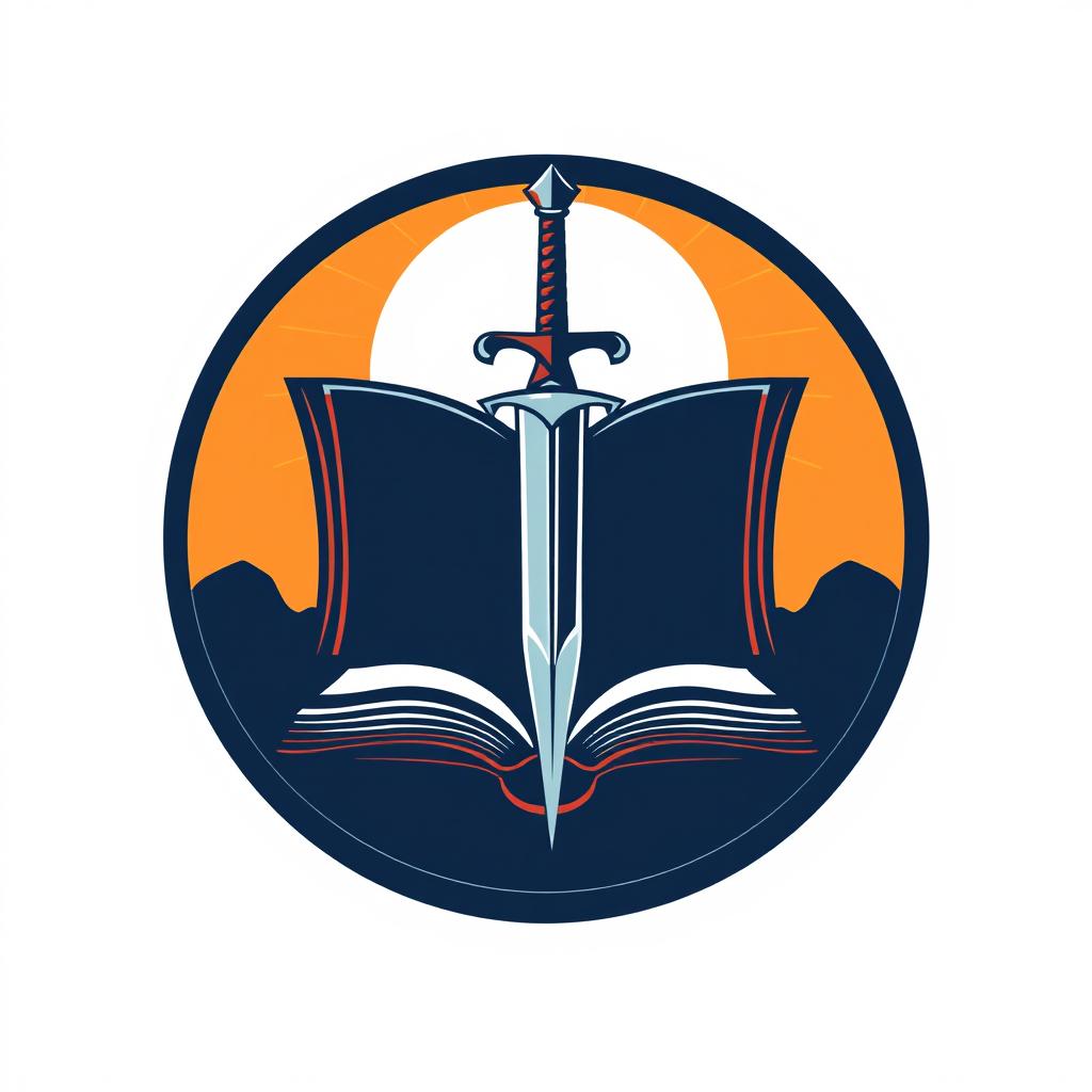 Logo of Veritas Venatores, featuring a book and a sword emerging from the book, encased in a circle with a bright sun in the background, symbolizing knowledge, truth, and valor