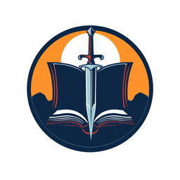 Logo of Veritas Venatores, featuring a book and a sword emerging from the book, encased in a circle with a bright sun in the background, symbolizing knowledge, truth, and valor