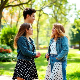 In a picturesque park setting, two sisters shown in a playful and lighthearted manner are depicted being enamored with the same charming young man