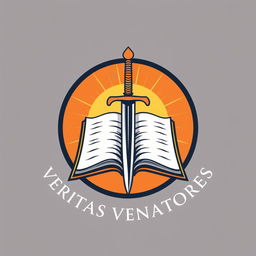 Logo of Veritas Venatores, featuring a book and a sword emerging from the book, encased in a circle with a bright sun in the background, symbolizing knowledge, truth, and valor