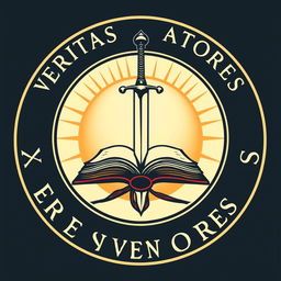 Logo of Veritas Venatores, featuring a book and a sword emerging from the book, encased in a circle with a bright sun in the background, symbolizing knowledge, truth, and valor