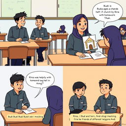 A classroom setting with desks and chairs, featuring students Budi, Rina, Andi, and others