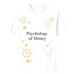 A simple white T-shirt featuring designs inspired by the themes from "Psychology of Money" by Morgan Housel