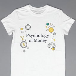 A simple white T-shirt featuring designs inspired by the themes from "Psychology of Money" by Morgan Housel