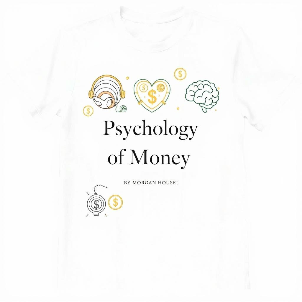 A simple white T-shirt featuring designs inspired by the themes from "Psychology of Money" by Morgan Housel