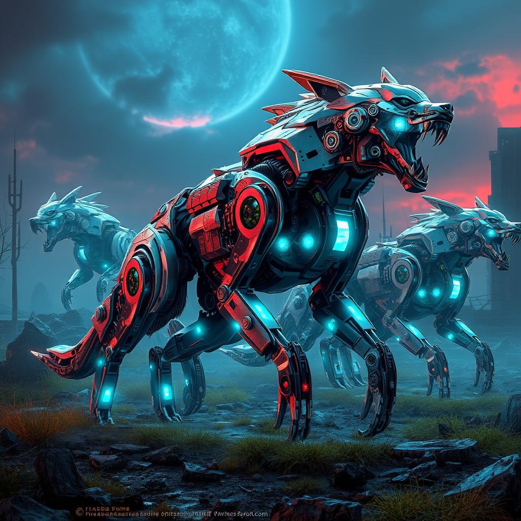 A futuristic scene featuring robotic animal monsters, merging elements of technology and nature