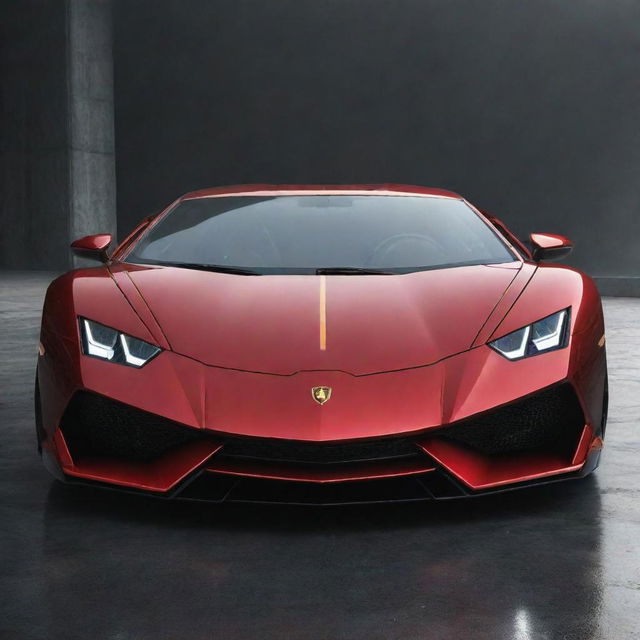 Imagine a Lamborghini car inspired by Iron Man, with red and gold colors, blaring arc reactor headlights, and futuristic styling